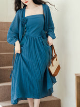 Load image into Gallery viewer, Blue Handmade Rose Spaghetti Strap Maxi Dress Prom Dress With Cardigan