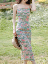 Load image into Gallery viewer, 2PS Green Floral Print Spaghetti Strap 1950S Vintage Dress With Pink Long Sleeve Cardigan