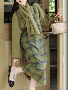 3PS Green Sweater With PlaidSuspender Corduroy Dress