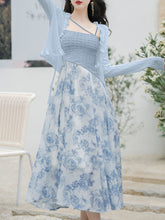 Load image into Gallery viewer, 2PS Blue Rose Spaghetti Strap 1950S Vintage Dress With Long Sleeve Ruffles Cardigan