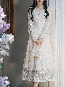 White V-Neck Long Sleeve Lace Vintage Wedding Dress