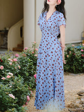 Load image into Gallery viewer, Blue V Neck Floral Print Vintage Dress