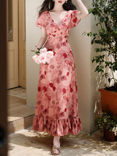 Load image into Gallery viewer, Pink V Neck Rose Print Vintage Dress