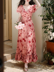 Pink V Neck Rose Print Vintage Dress