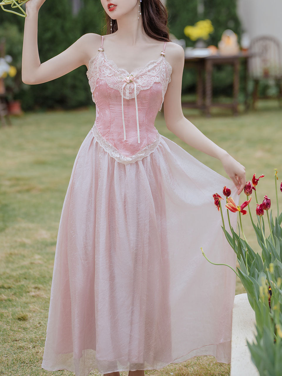 2PS Pink Lace Spaghetti Strap 1950S Swing Victoria's Fairy Dress With Lace Cardigan White / S 2PS Pink Lace Spaghetti Strap 1950S Swing Victoria's Fairy Dress With Lace Cardigan White / S