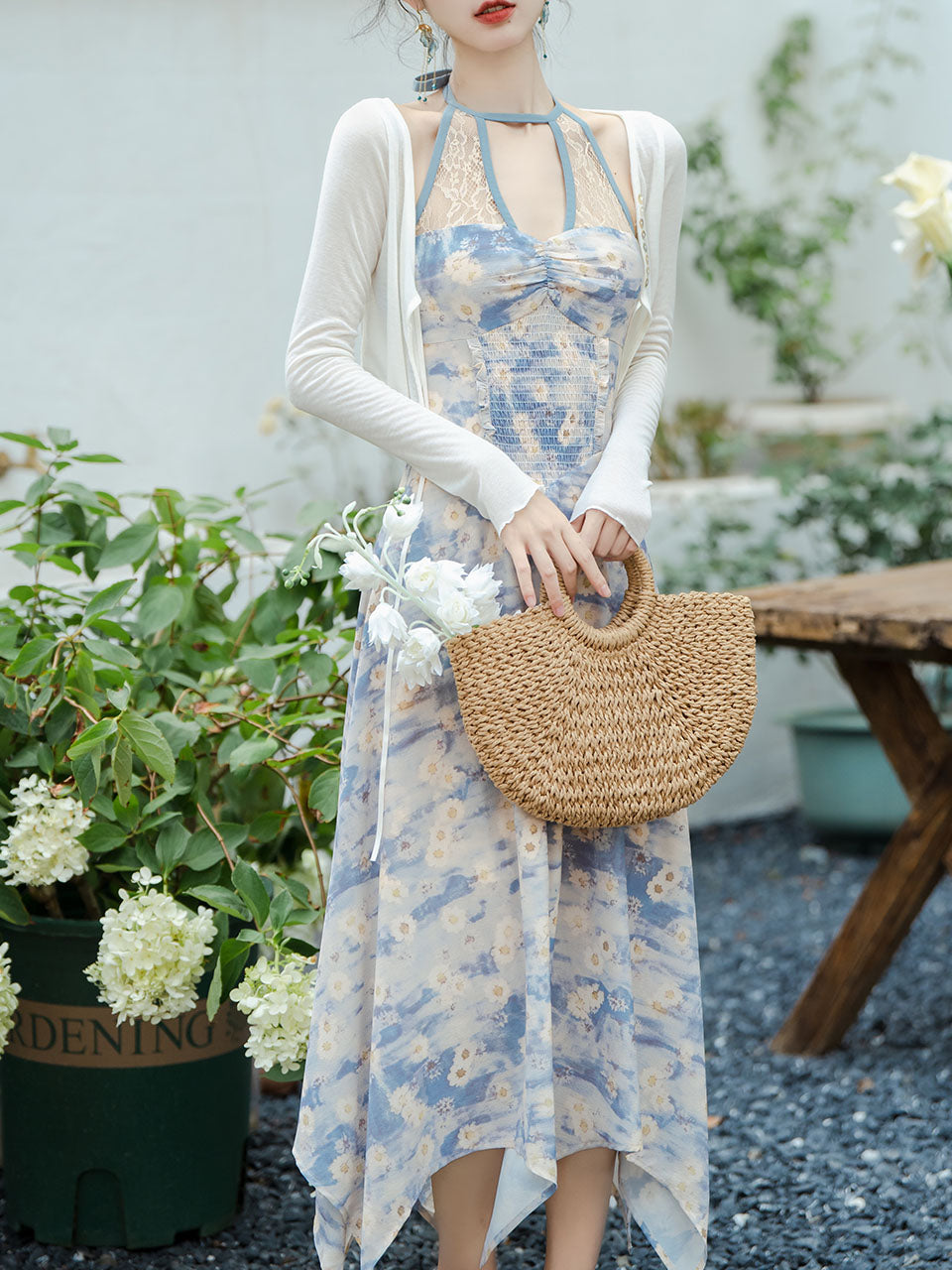 sachin and babi light blue dress SUNKIST SMOCKED LACE TRIM HALTER NECK DRESS main image 0