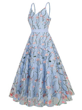 Load image into Gallery viewer, Baby Blue Semi Mesh Flower Embroidered Spaghetti Strap Sleeveless 1950S Swing Maxi Dress