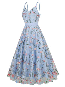 Baby Blue Semi Mesh Flower Embroidered Spaghetti Strap Sleeveless 1950S Swing Maxi Dress