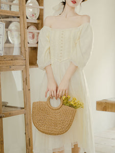 Apricot Lace Square Neck Beaded Retro Dress with Lantern Sleeves