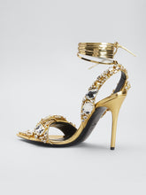 Load image into Gallery viewer, 10CM High Heel Gold Rhinestones Square Toe Twine Sandals