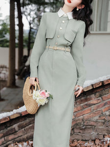 Light Green Fake Two-piece Shirt Lapel Windbreaker 1940s Vinatge Dress