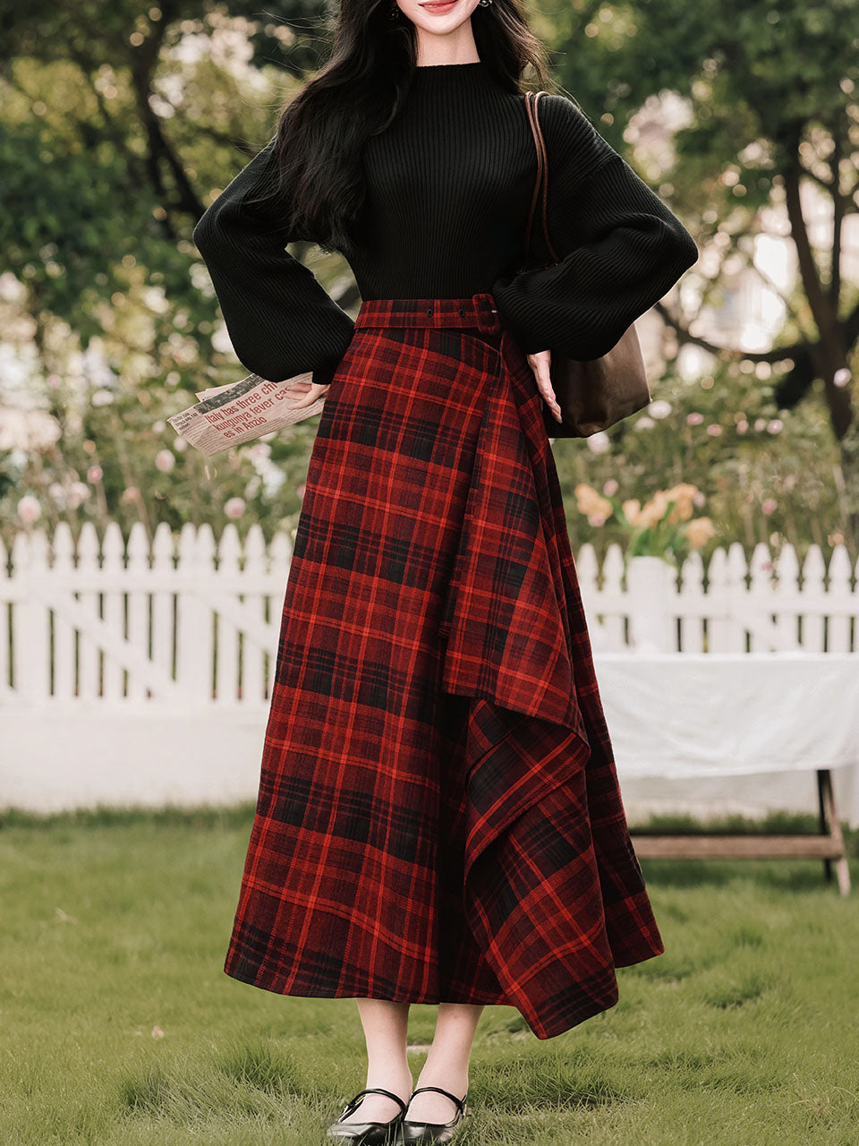 2PS Black Sweater And Red Plaid Swing Skirt 1950S Vintage Audrey Hepburn's Style Outfits