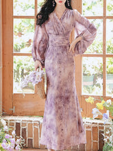 Load image into Gallery viewer, Purple Printed V-Neck Lantern Sleeve Mermaid Dress