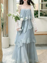 Load image into Gallery viewer, Blue Lace Spaghetti Strap Irregular Tiered Maxi Dress