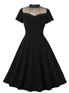 Black Semi Sheer Ruffles Short Sleeve 1950S Vintage Dress