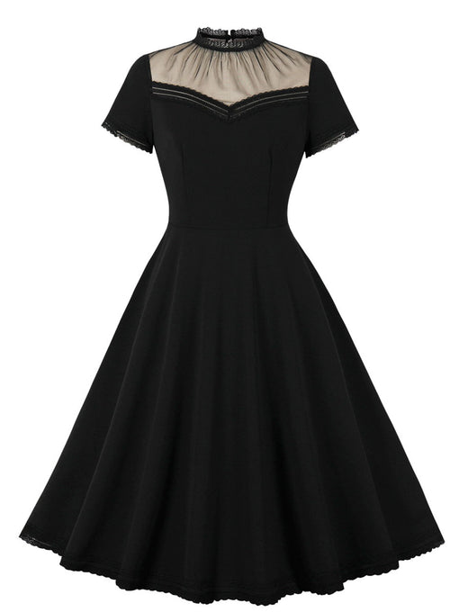 Black Semi Sheer Ruffles Short Sleeve 1950S Vintage Dress
