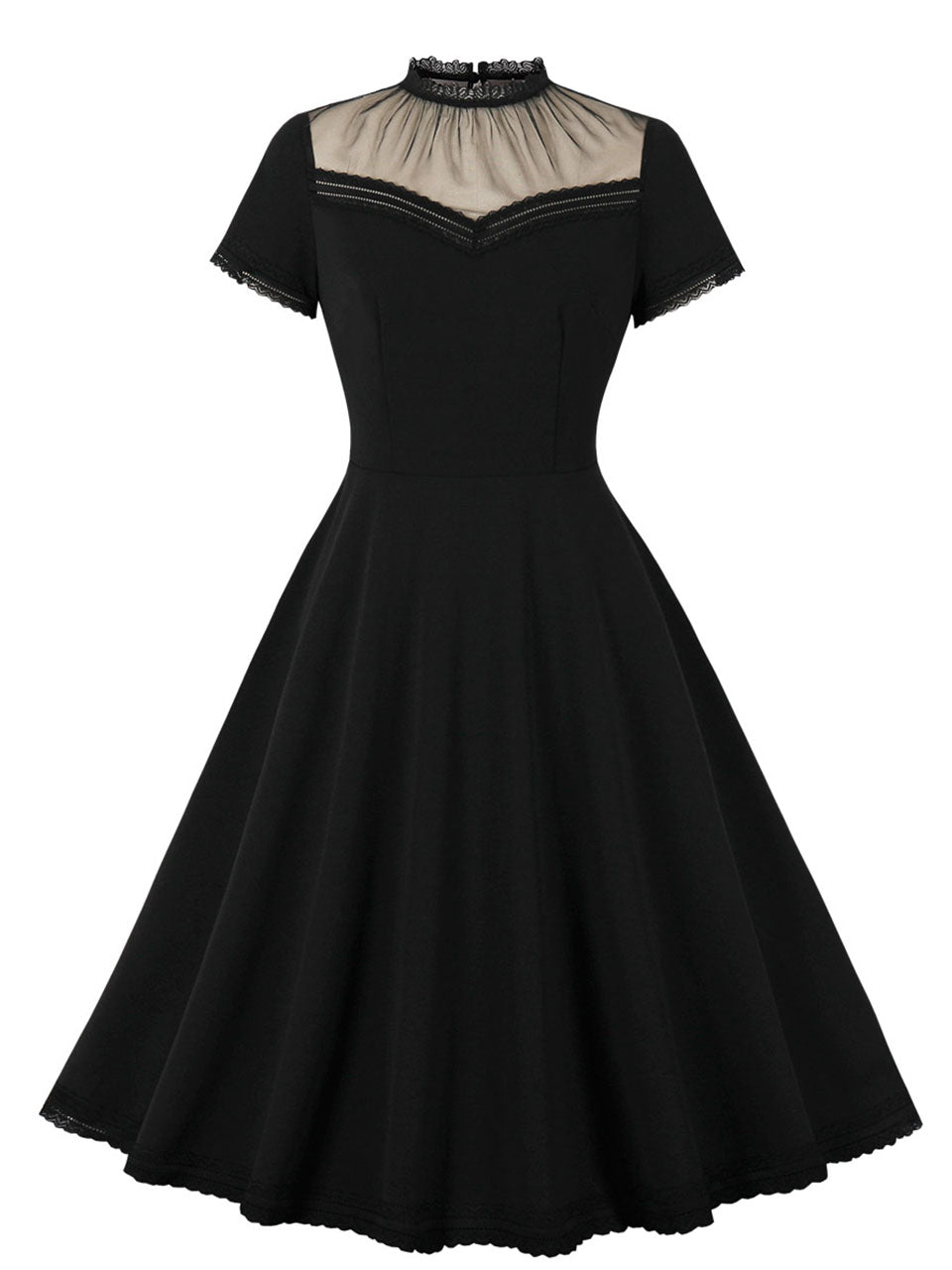 Black Semi Sheer Ruffles Short Sleeve 1950S Vintage Dress