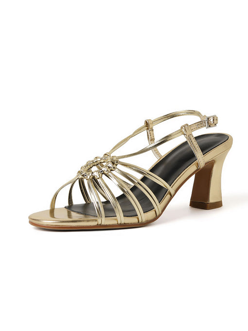 Women's Round Toe Gold Spool Heel Sandals Leather Vintage Shoes
