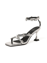 Load image into Gallery viewer, Women&#39;s Square Toe Flower Rhinestones Stiletto Sandals Leather Vintage Shoes