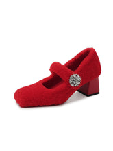 Load image into Gallery viewer, Winter Party Shoes Red Sheepskin Chunky Heel Pumps