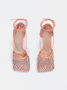 10CM High Heel Square Toe Rhinestones Twine Sandals