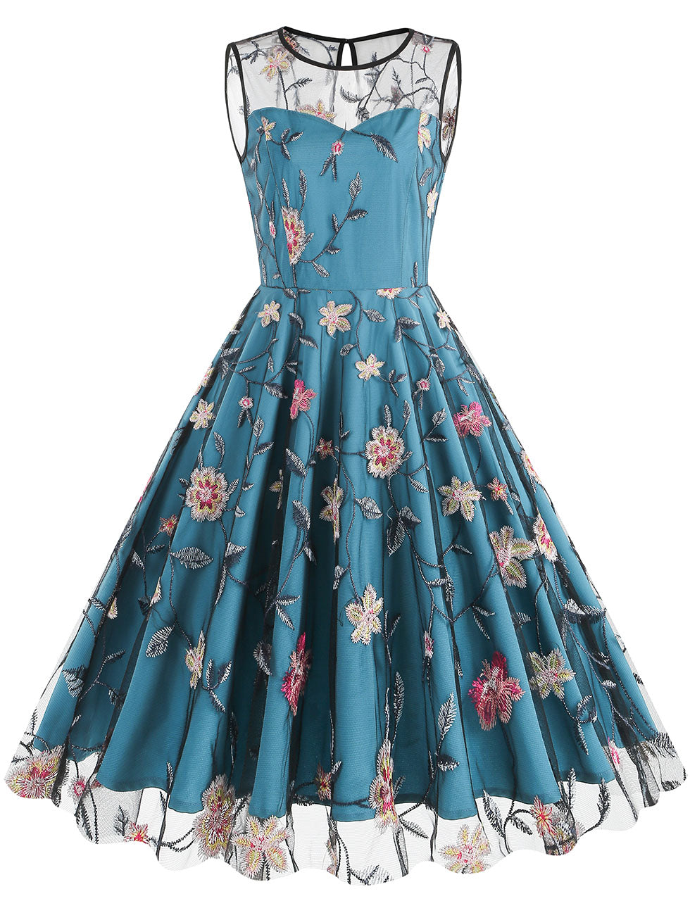 Lake Blue Semi Mesh Rose Embroidered Sleeveless 50S Swing Dress, Lake Blue / 2XL Lake Blue Semi Mesh Rose Embroidered Sleeveless 50S Swing Dress, Lake Blue / 2XL