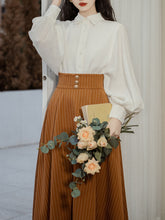 Load image into Gallery viewer, 2PS White Long Sleeve Blouse And Yellow Stripe  Pockets Swing Skirt Dress Set