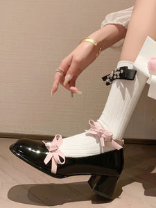 Women's  Round Toe Bow Chunky Heel Leather Vintage Shoes