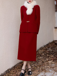 2PS Red Round Collar Long Sleeve Wool Coat With Strap Dress Suit
