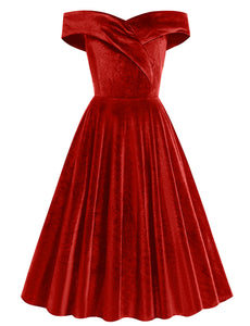Christmas Red Off Shoulder Velvet 1950S Vintage Swing Dress, Red / XL Christmas Red Off Shoulder Velvet 1950S Vintage Swing Dress, Red / XL