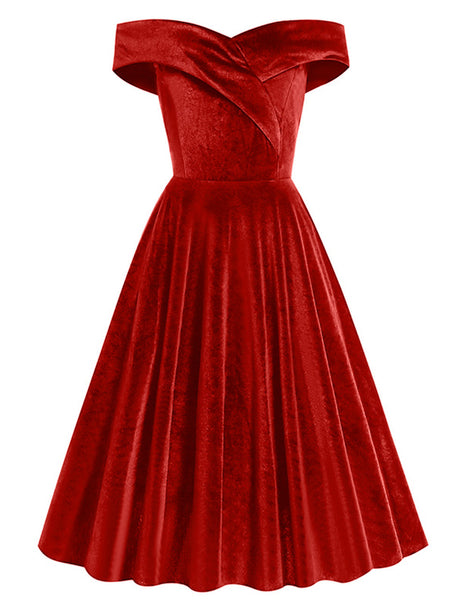 Christmas Red Off Shoulder Velvet 1950s Vintage Swing Dress, Red / XL