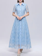 Load image into Gallery viewer, Beige Embroidered Lace Collared Shirt Dress with Belted Waist Short Sleeve Midi Dress