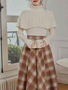 3PS Apricot Sweater Cape And Pleated Plaid Swing Skirt 1950S Vintage Outfits