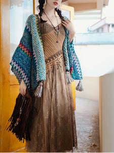 2PS Brown Lace Strap Dress With Bohemia Cardigan Suit