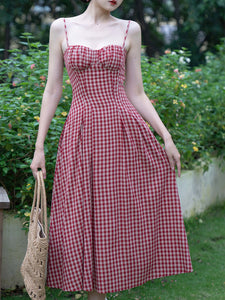 Red Plaid Strap Vintage 1950S Swing Dress