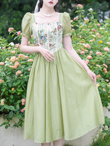 Green Square Collar Floral Print Corset Short Sleeve Vintage 1950S Dress