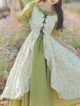 Load image into Gallery viewer, Green Ruffle Collar Floral Print Short Sleeve Vintage Dress