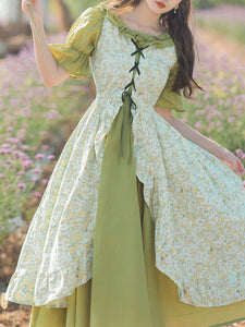 Green Ruffle Collar Floral Print Short Sleeve Vintage Dress