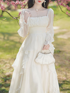 White Square Collar Long Sleeve Ruffles Vintage 1950S Dress