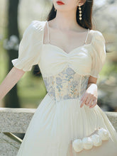 Load image into Gallery viewer, Apricot Lace V Neck Puff Sleeve Corset Edwardian Revival Dress