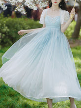 Load image into Gallery viewer, 2PS Baby Blue Embroidered Butterfly Vintage Dress With Puff Sleeve Cardigan Suit