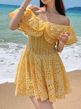 Load image into Gallery viewer, Women&#39;s Bohemian Yellow Off The Shoulder Hollow Lace Boho Dress