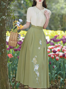 White Peter Pan Collar Short Sleeve Shirt With Green Pleat Skirt Vintage Suit