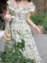 Load image into Gallery viewer, Green Floral Print Off Shoulder 1950S Vintage Dress
