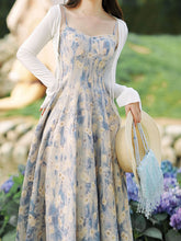 Load image into Gallery viewer, 2PS Blue Daisy Floral Print Spaghetti Strap Dress With White Shawl Dress Suit