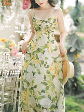Load image into Gallery viewer, 2PS Green Floral Print Spaghetti Strap Dress With White Shawl Dress Suit