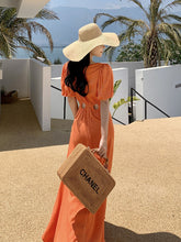 Load image into Gallery viewer, Women&#39;s Bohemian Orange Waist Cut Puff Sleeve Long Party Evening Gown A Line Summer Robe Maxi Dress