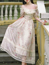 Load image into Gallery viewer, Light Yellow Lace Off The Shoulder Puff Sleeve Edwardian Revival Dress