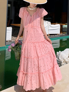 Women's Bohemian Pink A Line Summer Embroidery Fabric Robe Maxi Dress