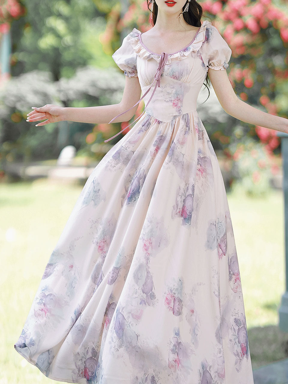 Purple Round Neck Ruffle Short Puff Sleeve Corset Vintage Fairy Dress
